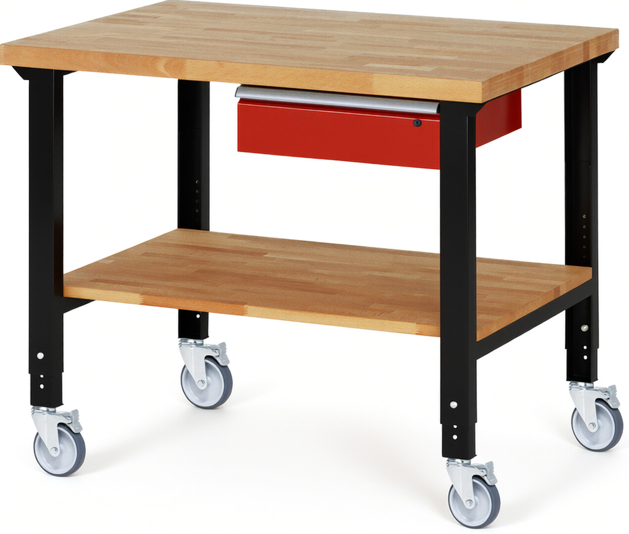 Fahrbare Werkbank Modell 7001 schwarz-rot, BxTxH 1250x900x950-1000 mm,  Buche-Massiv Arbeitsplatte 40 mm,  1 Schublade mit  Auszug 90 %