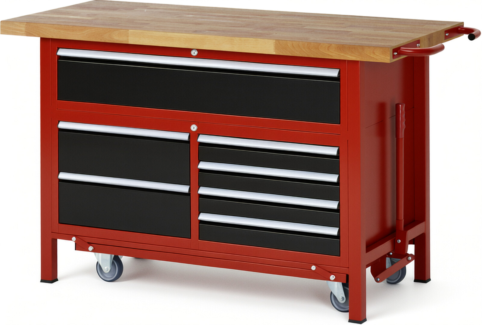 Absenkbare Werkbank Modell 8921 rot - schwarz, BxTxH 1500x700x920 mm,  Buche-Massiv Arbeitsplatte 40 mm,  7 Schubladen mit  Vollauszug 100 % und  SoftClosing