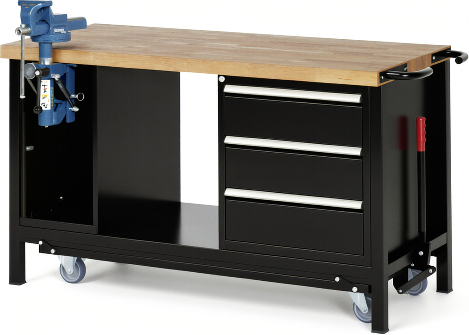 Absenkbare Werkbank Modell 8183 schwarz, BxTxH 1500x700x880 mm,  Buche-Massiv Arbeitsplatte 40 mm,  3 Schubladen mit  Vollauszug 100 % und  SoftClosing