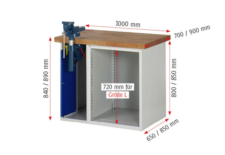 Werkbank Modell 7510,  BxTxH 1000x700x890 mm,  Buche-Massiv Arbeitsplatte 40 mm,  4 Schubladen mit  Vollauszug 100 % und  SoftClosing