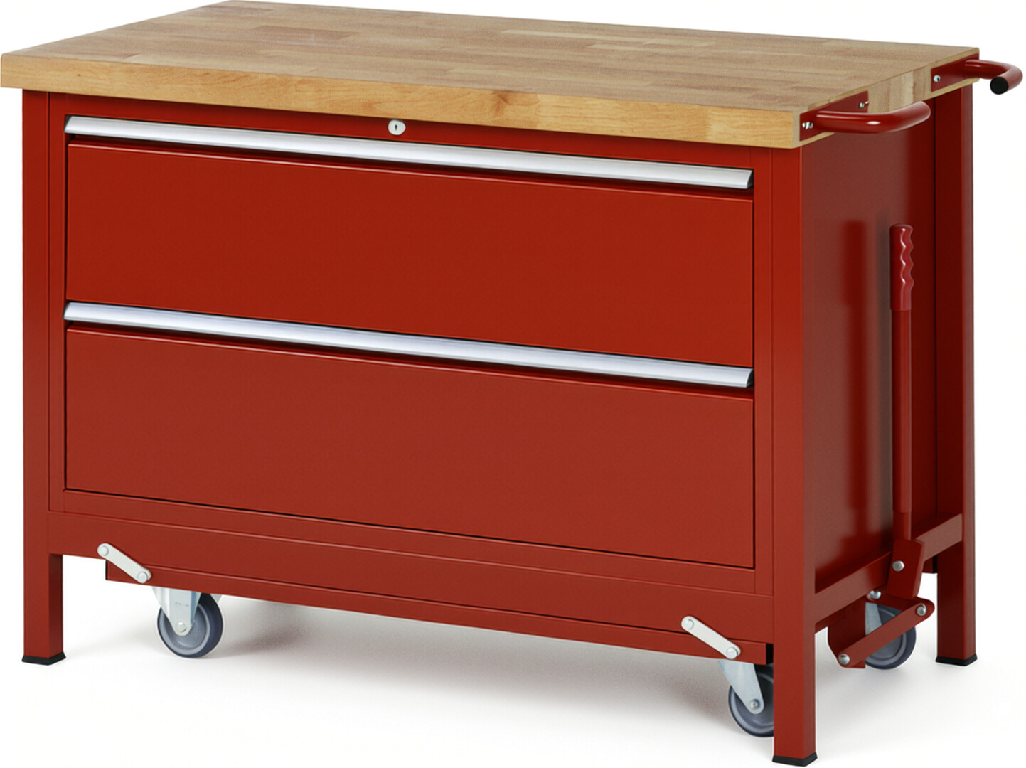 Absenkbare Werkbank Modell 8355 rot, BxTxH 1250x700x880 mm,  Buche-Massiv Arbeitsplatte 40 mm,  2 Schubladen mit  Vollauszug 100 % und  SoftClosing