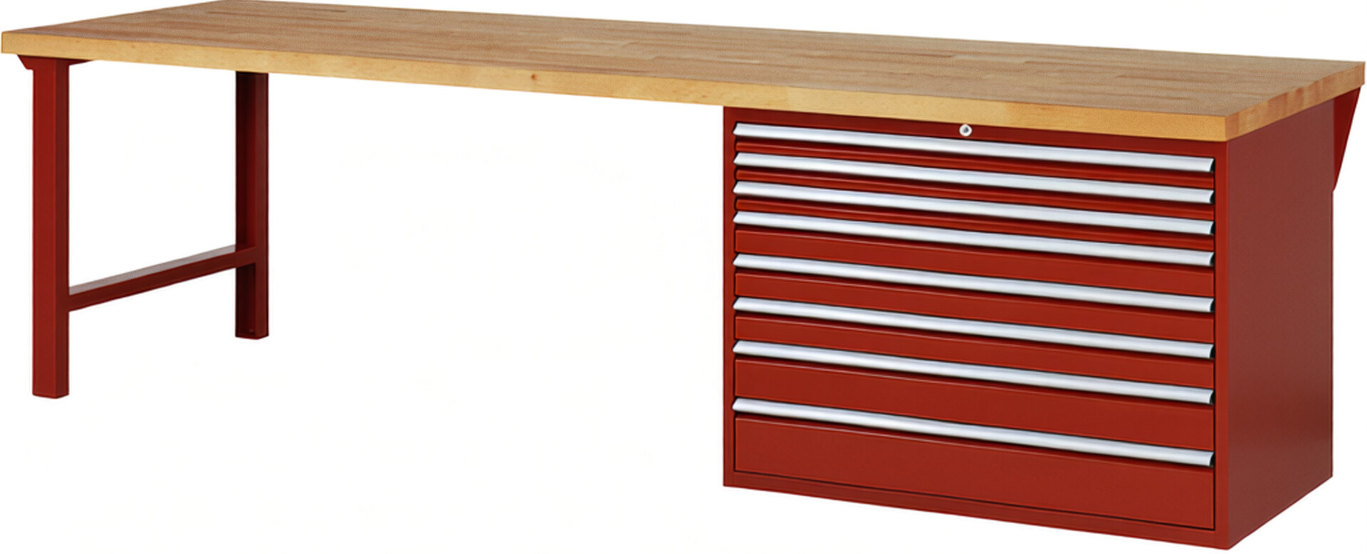 RAU Werkbank rot - Breite 300 cm - Tiefe 90 cm - Höhe 89 cm - Buche-Massiv Arbeitsplatte 40 mm