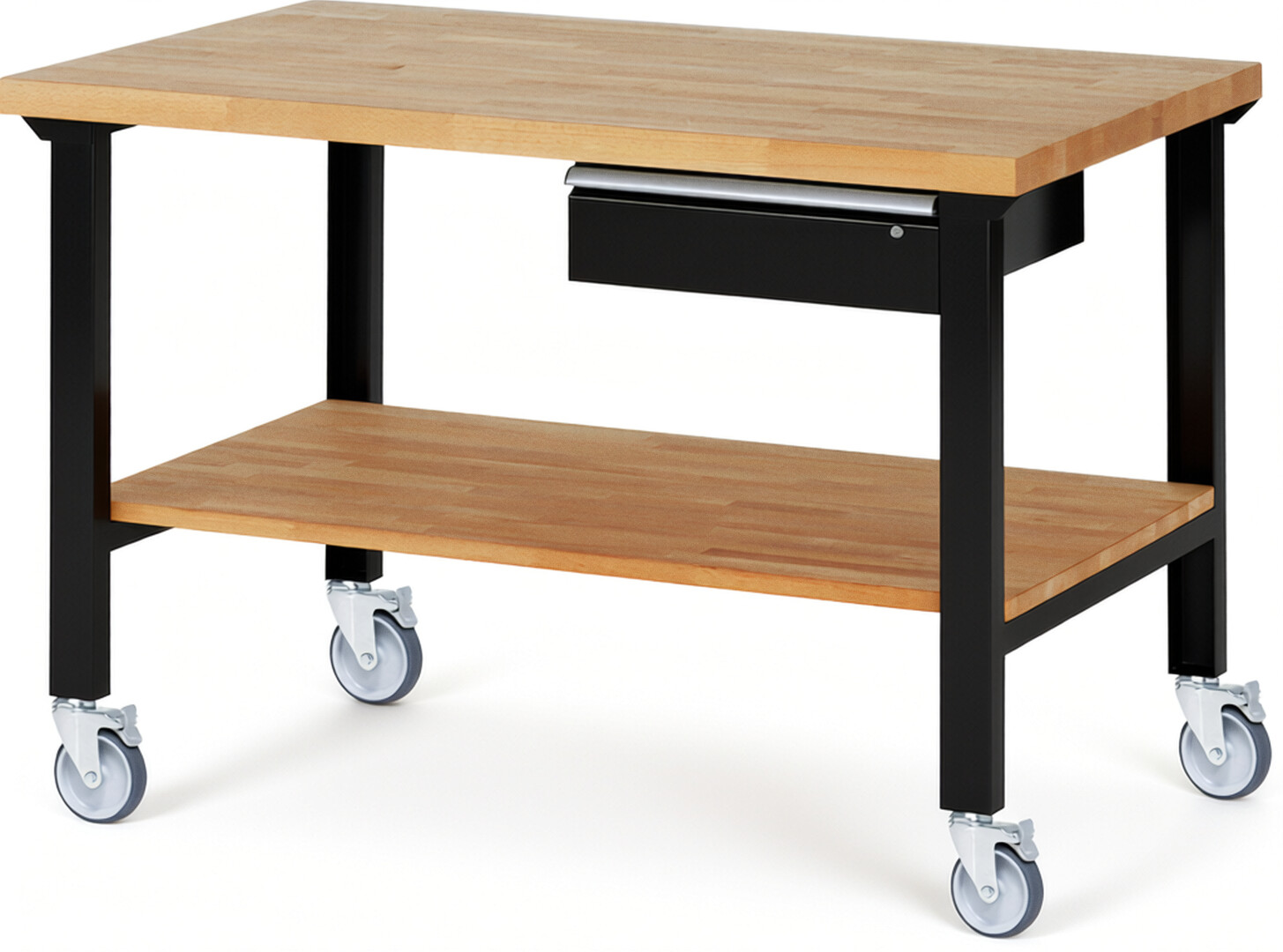 RAU Werkbank schwarz - Breite 150 cm - Tiefe 90 cm - Höhe 100 cm - Buche-Massiv Arbeitsplatte 40 mm