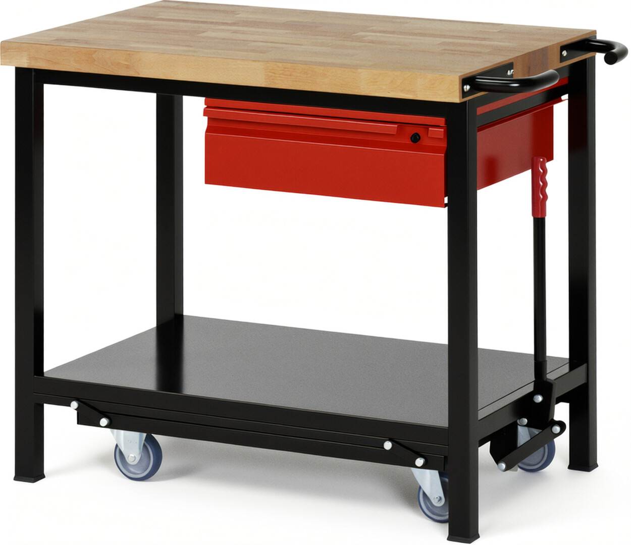 RAU Werkbank schwarz - rot - Breite 100 cm - Tiefe 70 cm - Höhe 88 cm - Buche-Massiv Arbeitsplatte 40 mm