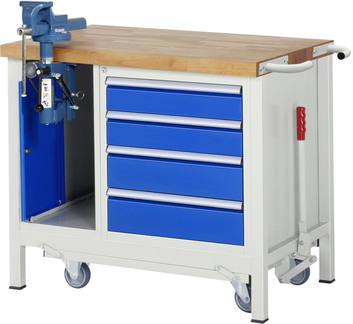 Absenkbare Werkbank Modell 8185 rot - schwarz, BxTxH 1000x700x880 mm,  Buche-Massiv Arbeitsplatte 40 mm,  4 Schubladen mit  Vollauszug 100 % und  SoftClosing