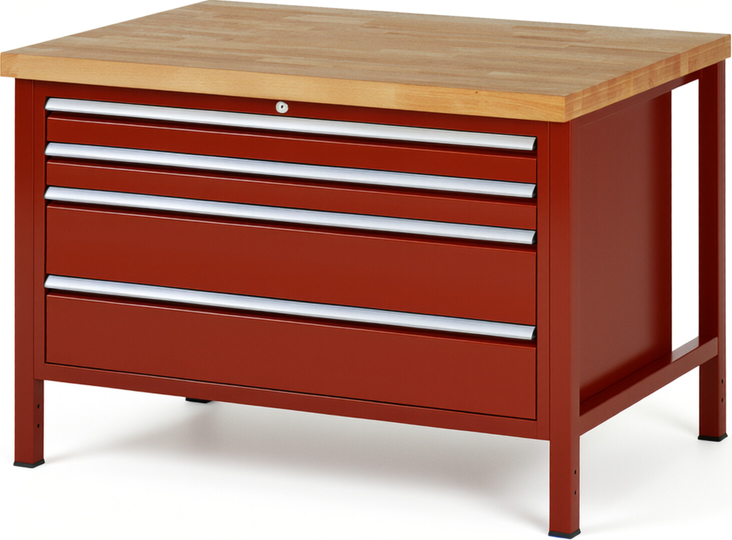 Werkbank Modell 8361 rot, BxTxH 1250x900x840-1040 mm,  Buche-Massiv Arbeitsplatte 40 mm,  4 Schubladen mit  Vollauszug 100 % und  SoftClosing
