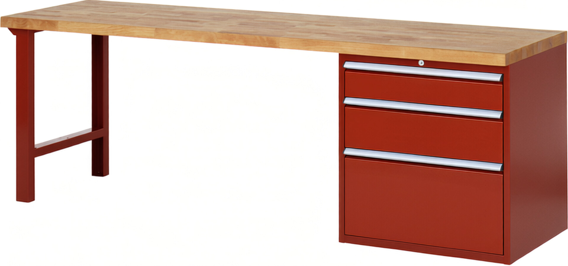 RAU Werkbank rot - Breite 250 cm - Tiefe 70 cm - Höhe 84 cm - Buche-Massiv Arbeitsplatte 40 mm