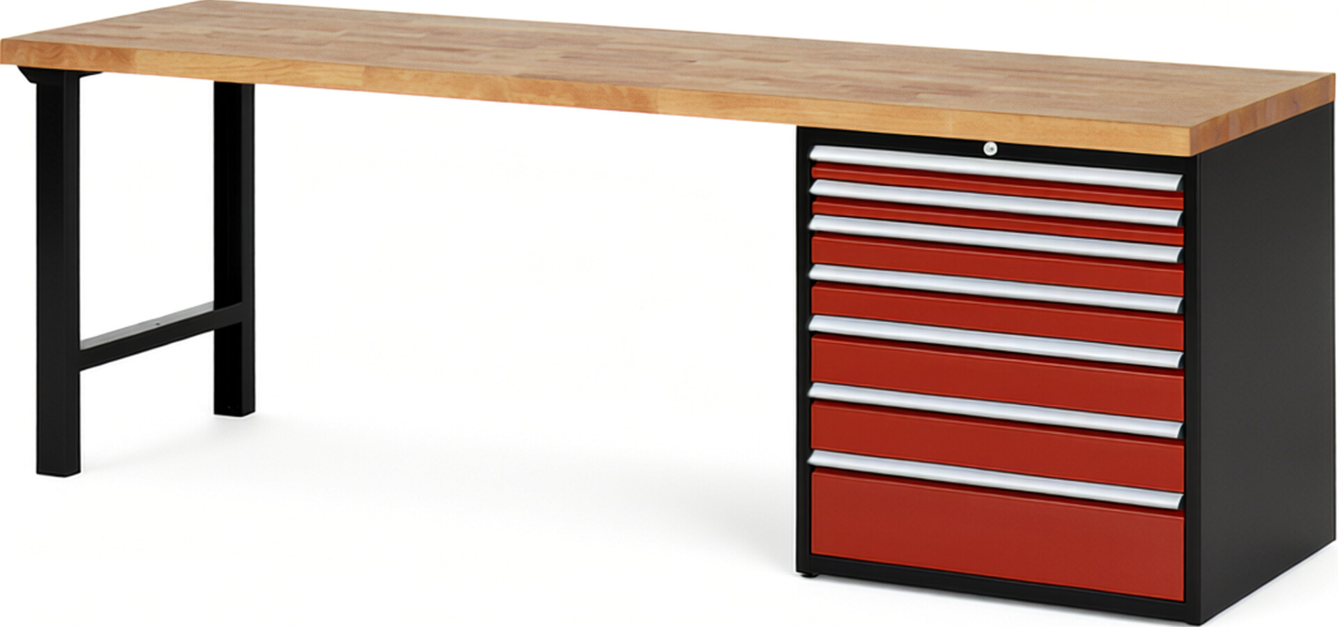 RAU Werkbank schwarz - rot - Breite 250 cm - Tiefe 70 cm - Höhe 84 cm - Buche-Massiv Arbeitsplatte 40 mm