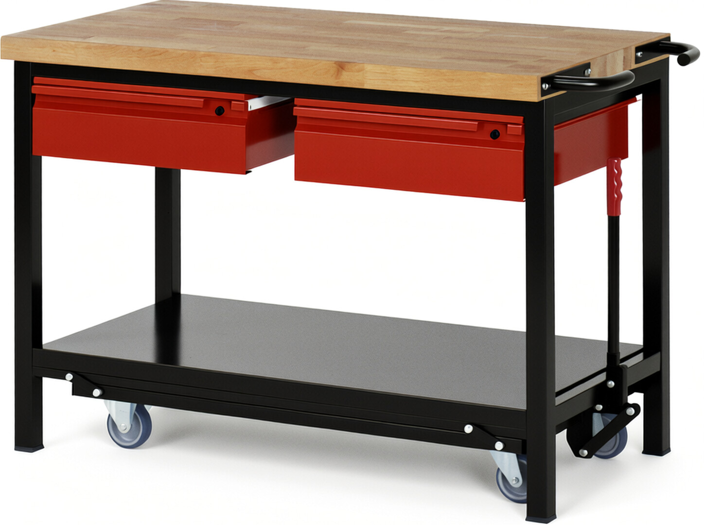 Absenkbare Werkbank - Modell 8002 BASIC schwarz-rot, BxTxH 1250x700x880 mm,  Buche-Massiv Arbeitsplatte 40 mm,  2 Schubladen mit  Auszug 90 %