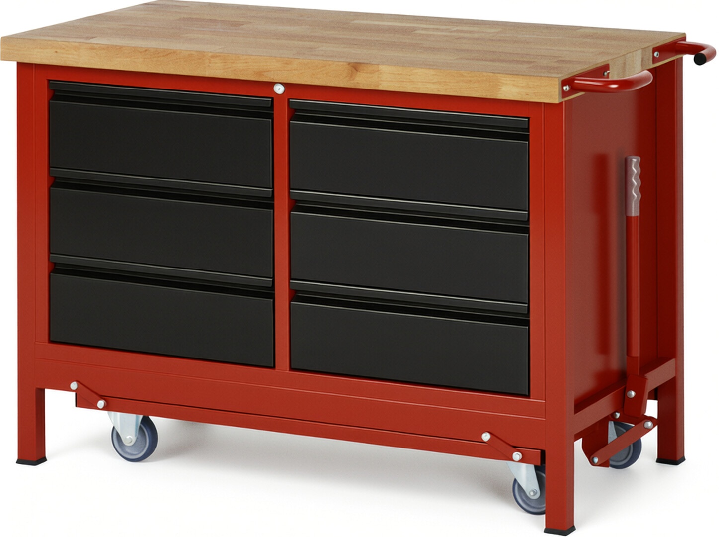 Absenkbare Werkbank - Modell 8473 BASIC rot - schwarz, BxTxH 1250x700x880 mm,  Buche-Massiv Arbeitsplatte 40 mm,  6 Schubladen mit  Auszug 90 %