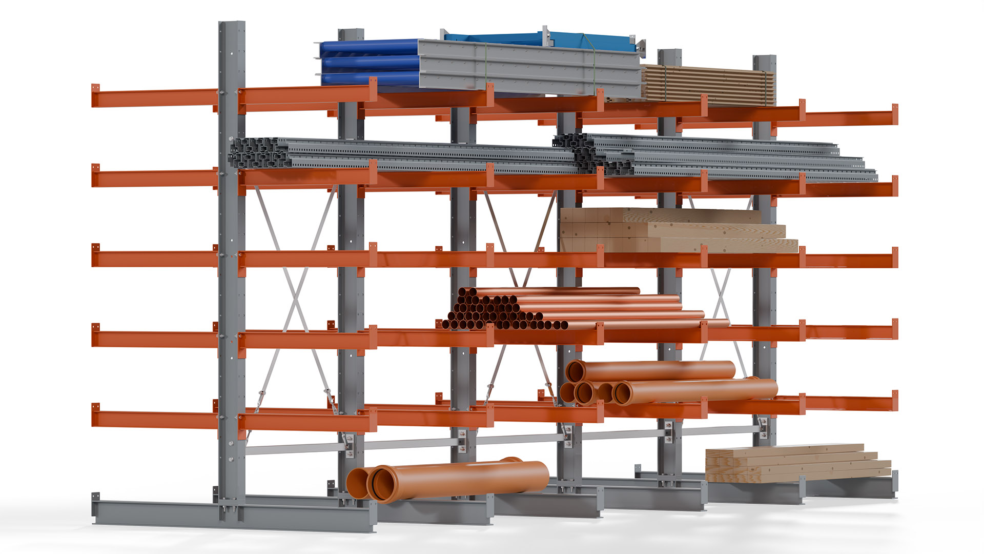 Kragarmregal KARL basic - lackiert - Breite: 500 cm - Höhe: 250 cm - Tiefe: 80 cm - Traglast je Kragarm: 550 kg - beidseitig