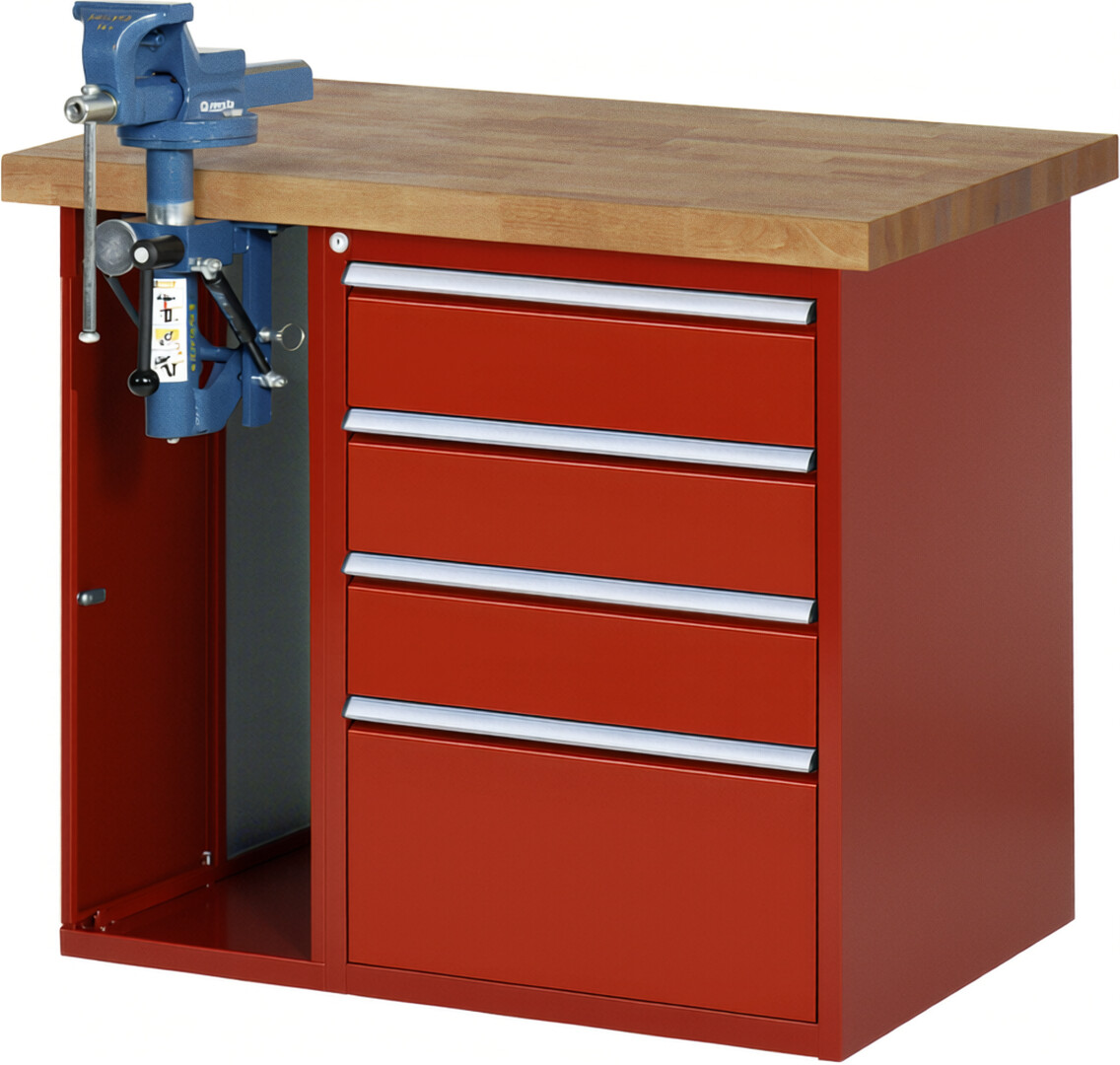 RAU Werkbank rot - Breite 100 cm - Tiefe 70 cm - Höhe 89 cm - Buche-Massiv Arbeitsplatte 40 mm