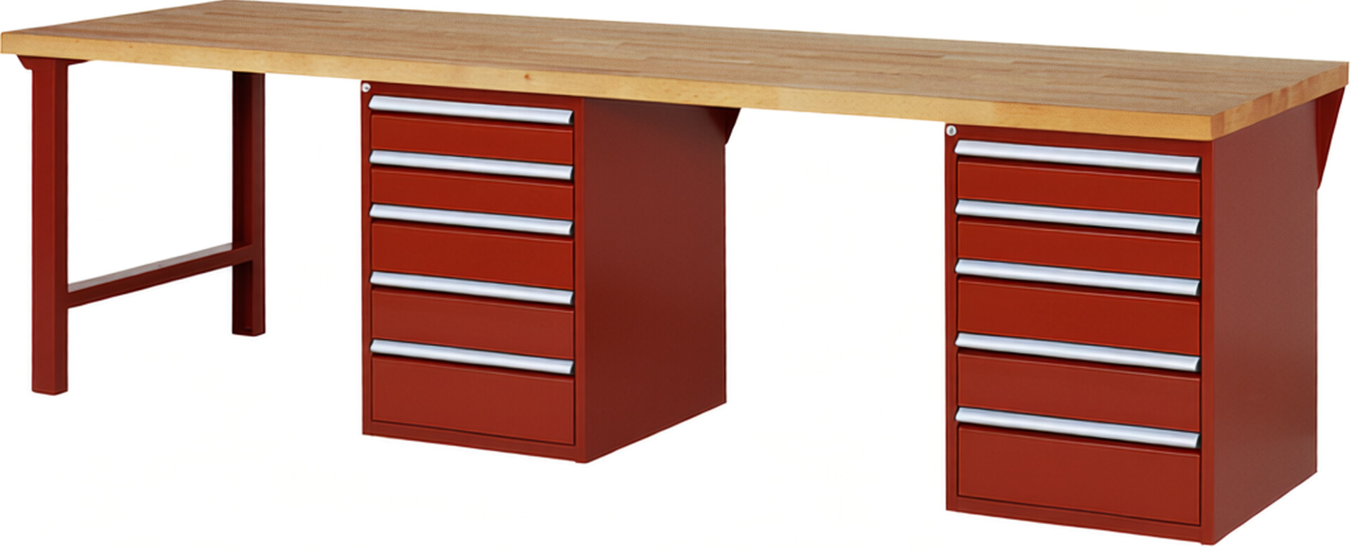 Werkbank Modell 7513 rot, BxTxH 3000x900x890 mm,  Buche-Massiv Arbeitsplatte 40 mm,  10 Schubladen mit  Auszug 90 %