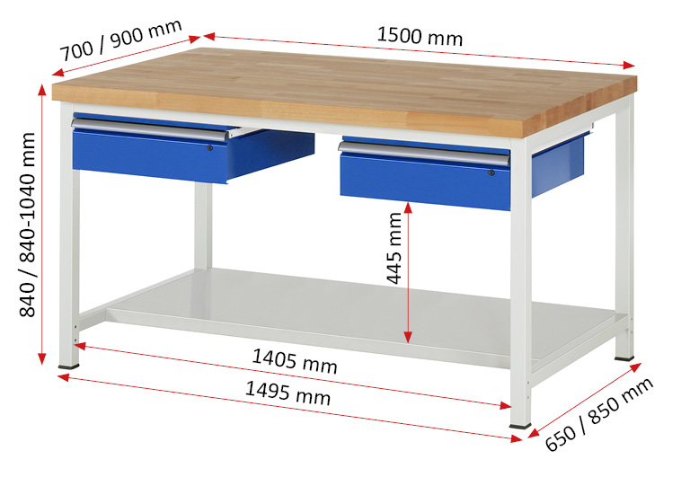 Werkbank Modell 8002,  BxTxH 1500x900x840-1040 mm,  Buche-Massiv Arbeitsplatte 40 mm,  2 Schubladen mit  Auszug 90 %