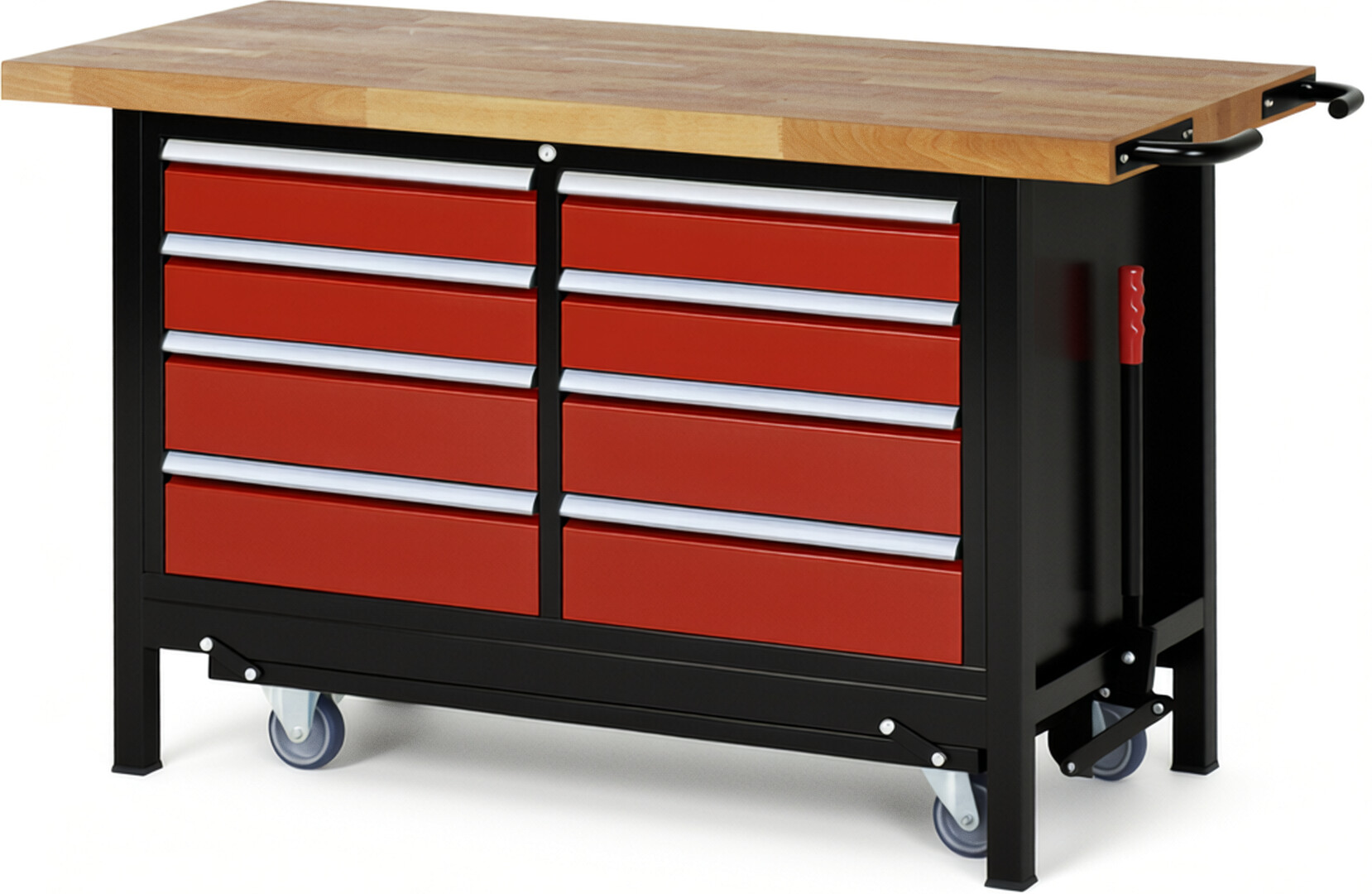 RAU Werkbank schwarz - rot - Breite 150 cm - Tiefe 70 cm - Höhe 88 cm - Buche-Massiv Arbeitsplatte 40 mm