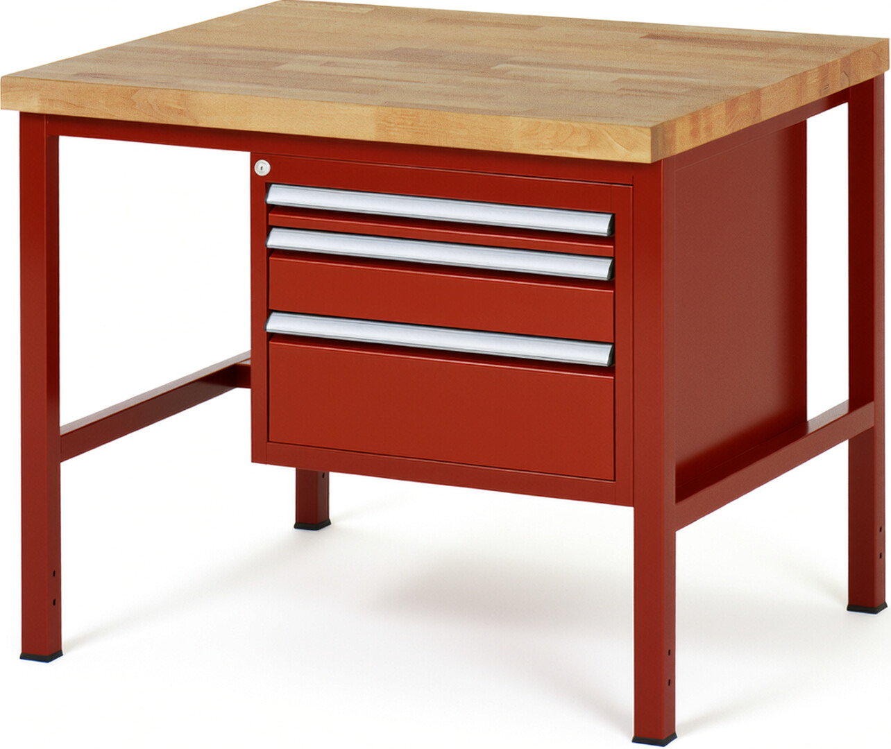 Werkbank Modell 8126 rot, BxTxH 1000x900x840-1040 mm,  Buche-Massiv Arbeitsplatte 40 mm,  3 Schubladen mit  Auszug 90 %