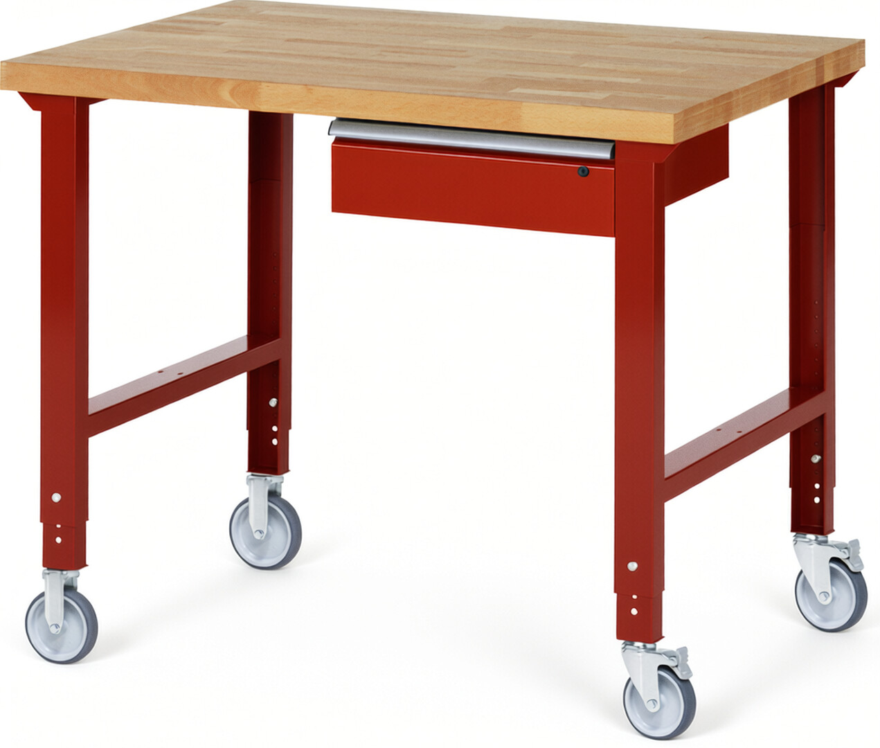 Fahrbare Werkbank Modell 7001 rot, BxTxH 1250x900x950-1000 mm,  Buche-Massiv Arbeitsplatte 40 mm,  1 Schublade mit  Auszug 90 %
