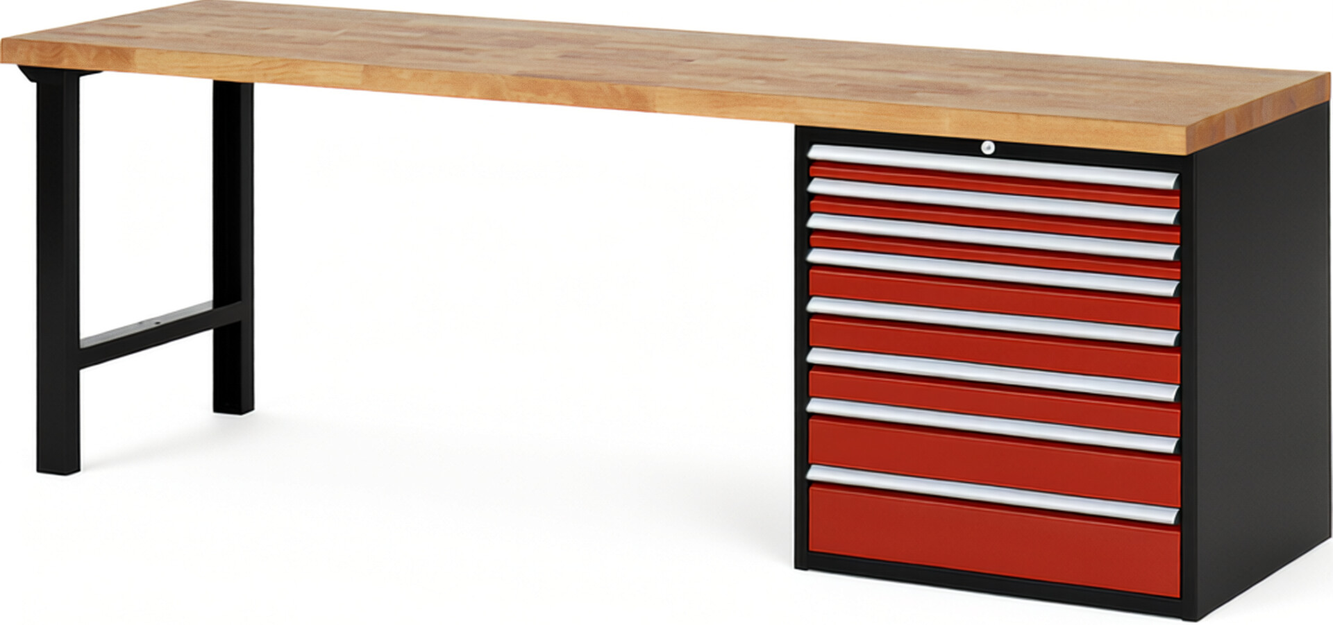 RAU Werkbank schwarz - rot - Breite 250 cm - Tiefe 70 cm - Höhe 84 cm - Buche-Massiv Arbeitsplatte 40 mm