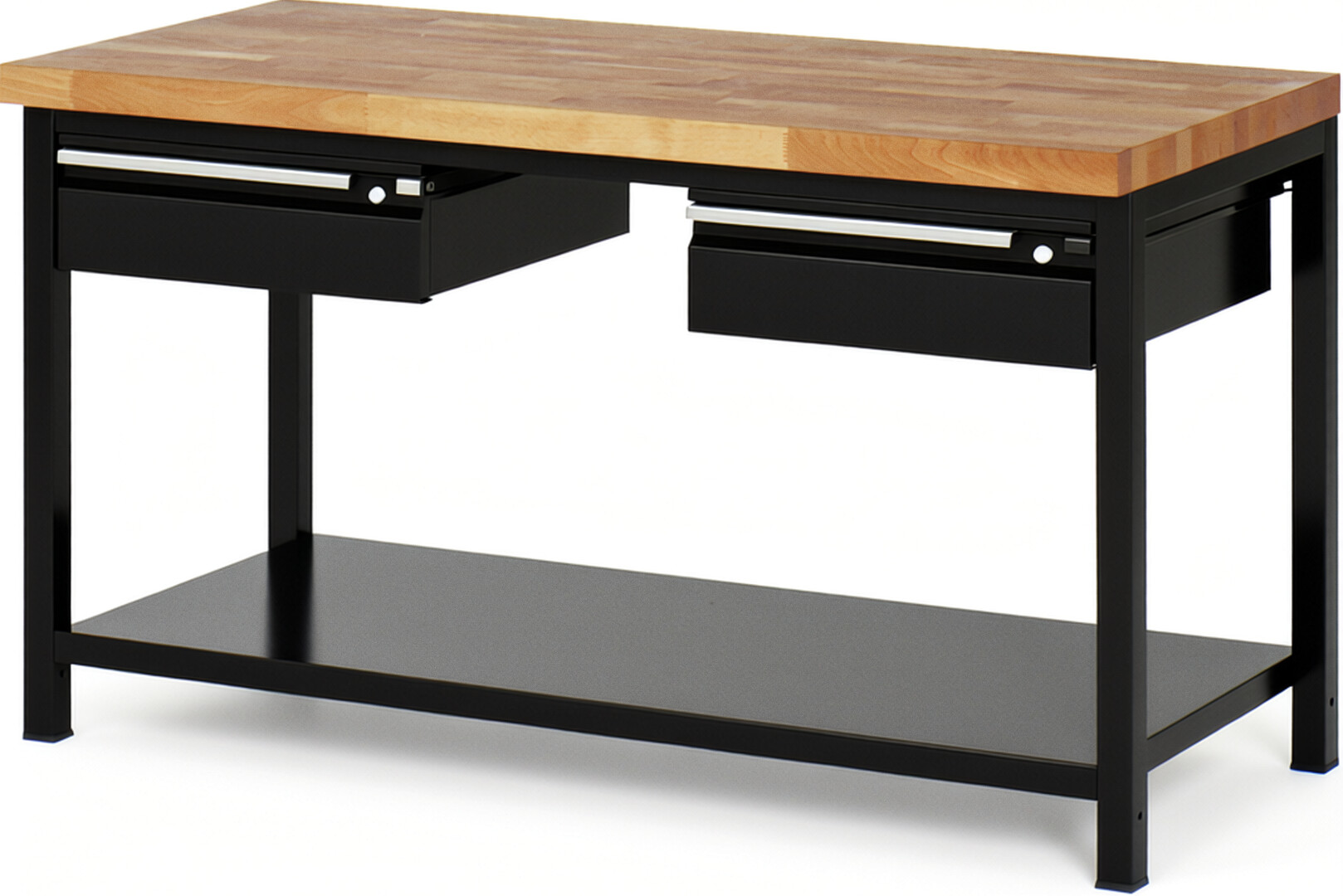 Werkbank - Modell 8002 BASIC schwarz, BxTxH 1500x700x840-1040 mm,  Buche-Massiv Arbeitsplatte 40 mm,  2 Schubladen mit  Auszug 90 %