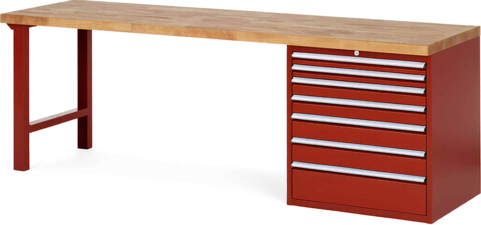 RAU Werkbank rot - Breite 250 cm - Tiefe 70 cm - Höhe 84 cm - Buche-Massiv Arbeitsplatte 40 mm