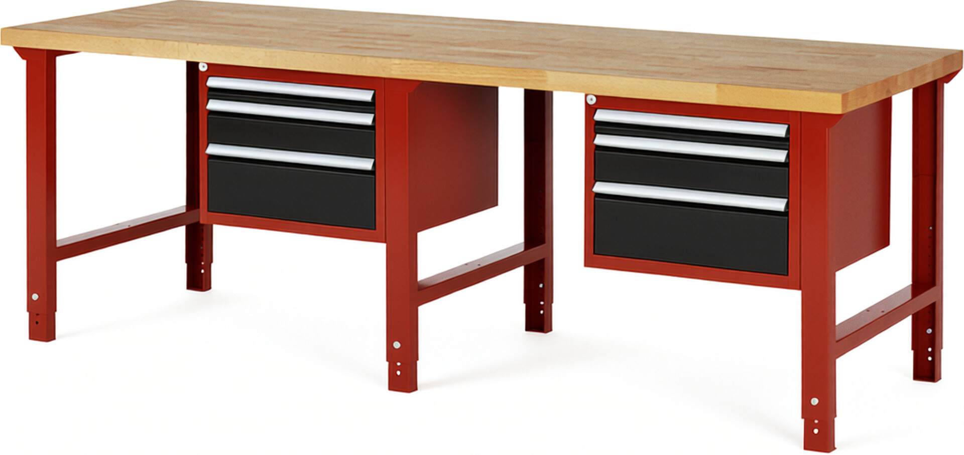 Werkbank Modell 7126 rot - schwarz, BxTxH 2500x900x790-1140 mm,  Buche-Massiv Arbeitsplatte 40 mm,  6 Schubladen mit  Vollauszug 100 % und  SoftClosing