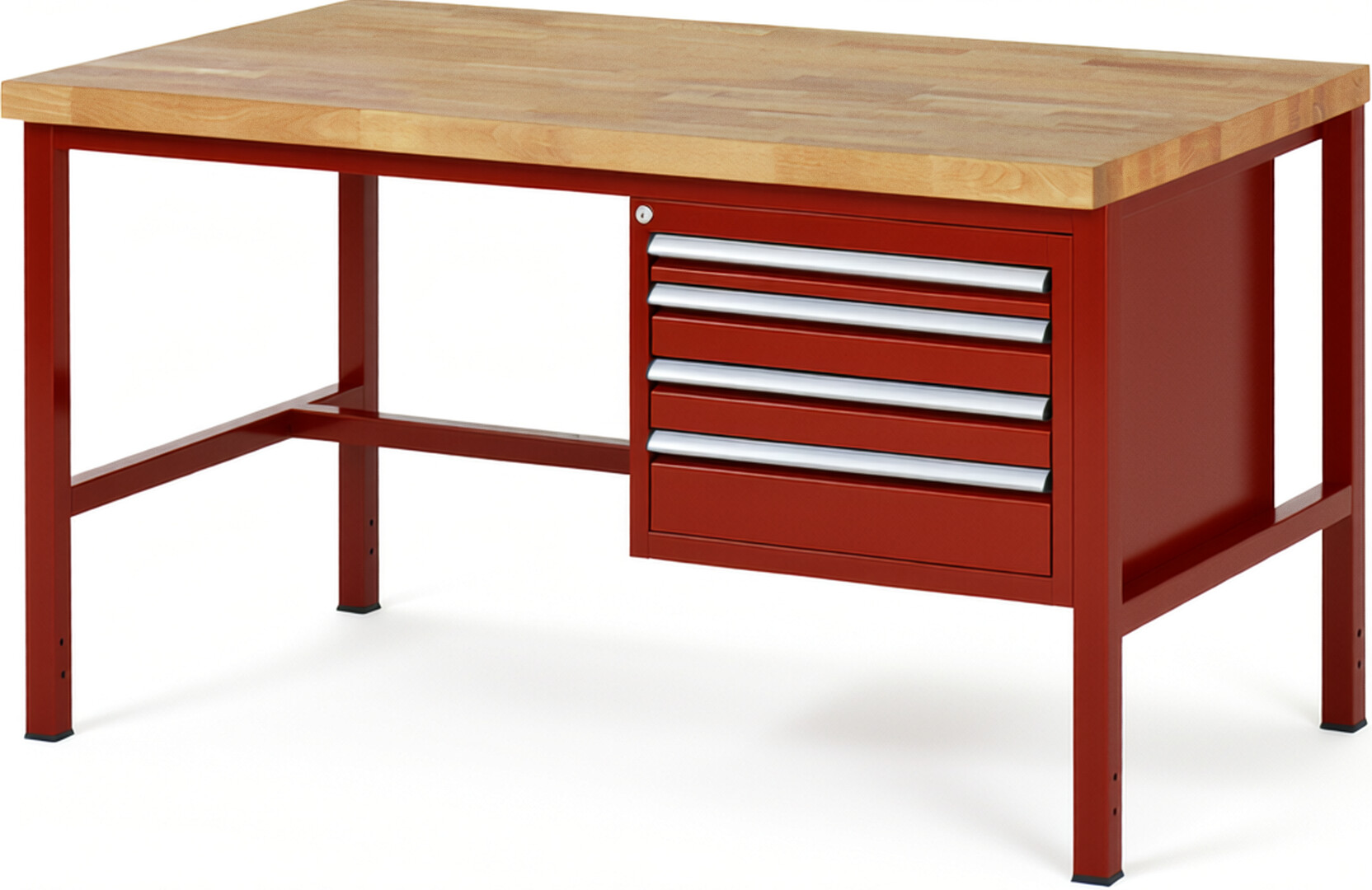 Werkbank Modell 8132 rot, BxTxH 1500x900x840 mm,  Buche-Massiv Arbeitsplatte 40 mm,  4 Schubladen mit  Auszug 90 %