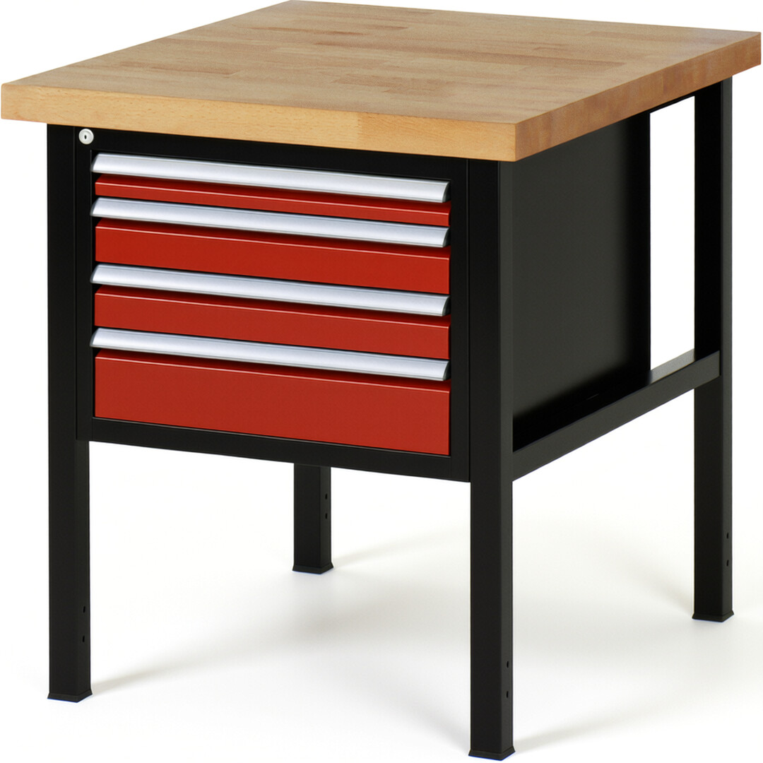 Werkbank Modell 8132 schwarz-rot, BxTxH 750x900x840-1040 mm,  Buche-Massiv Arbeitsplatte 40 mm,  4 Schubladen mit  Auszug 90 %