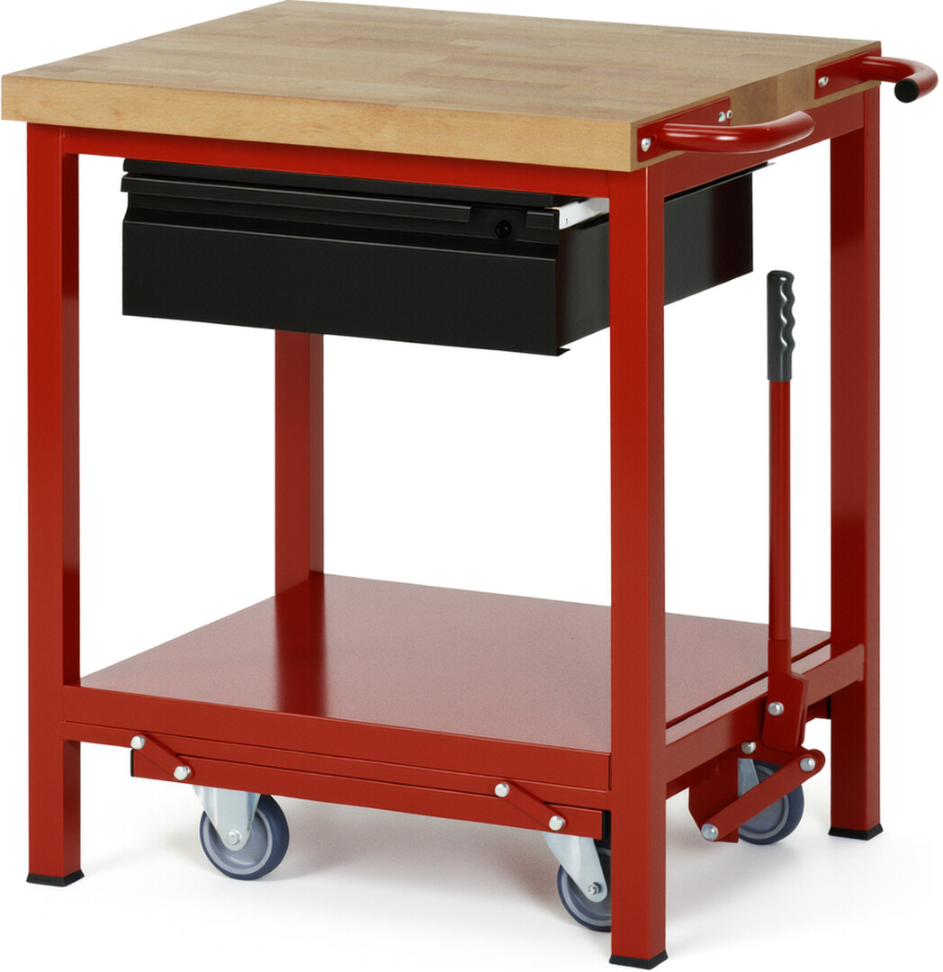 Absenkbare Werkbank - Modell 8001 BASIC rot - schwarz, BxTxH 750x700x880 mm,  Buche-Massiv Arbeitsplatte 40 mm,  1 Schublade mit  Auszug 90 %