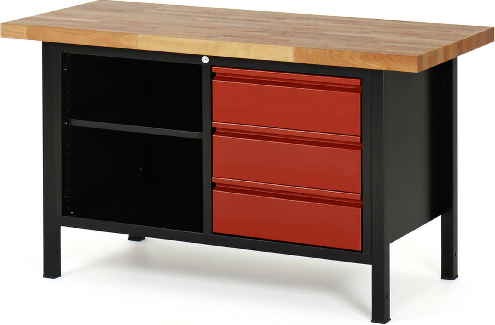 Werkbank schwarz - rot, Breite 150 cm, Tiefe 70 cm, Höhe 104 cm, 3 Schublade(n), Platte: Buche-Massiv-Arbeitsplatte