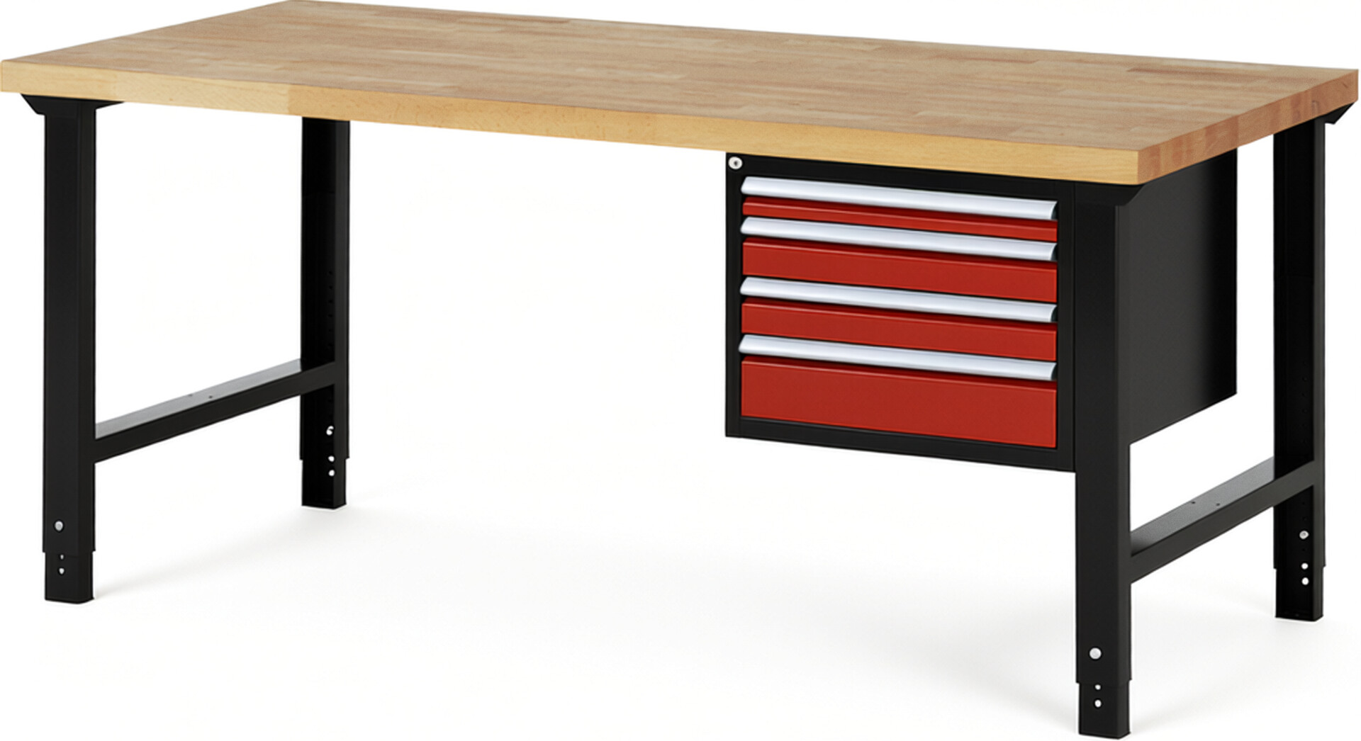 RAU Werkbank schwarz - rot - Breite 200 cm - Tiefe 90 cm - Höhe 114 cm - Buche-Massiv Arbeitsplatte 40 mm