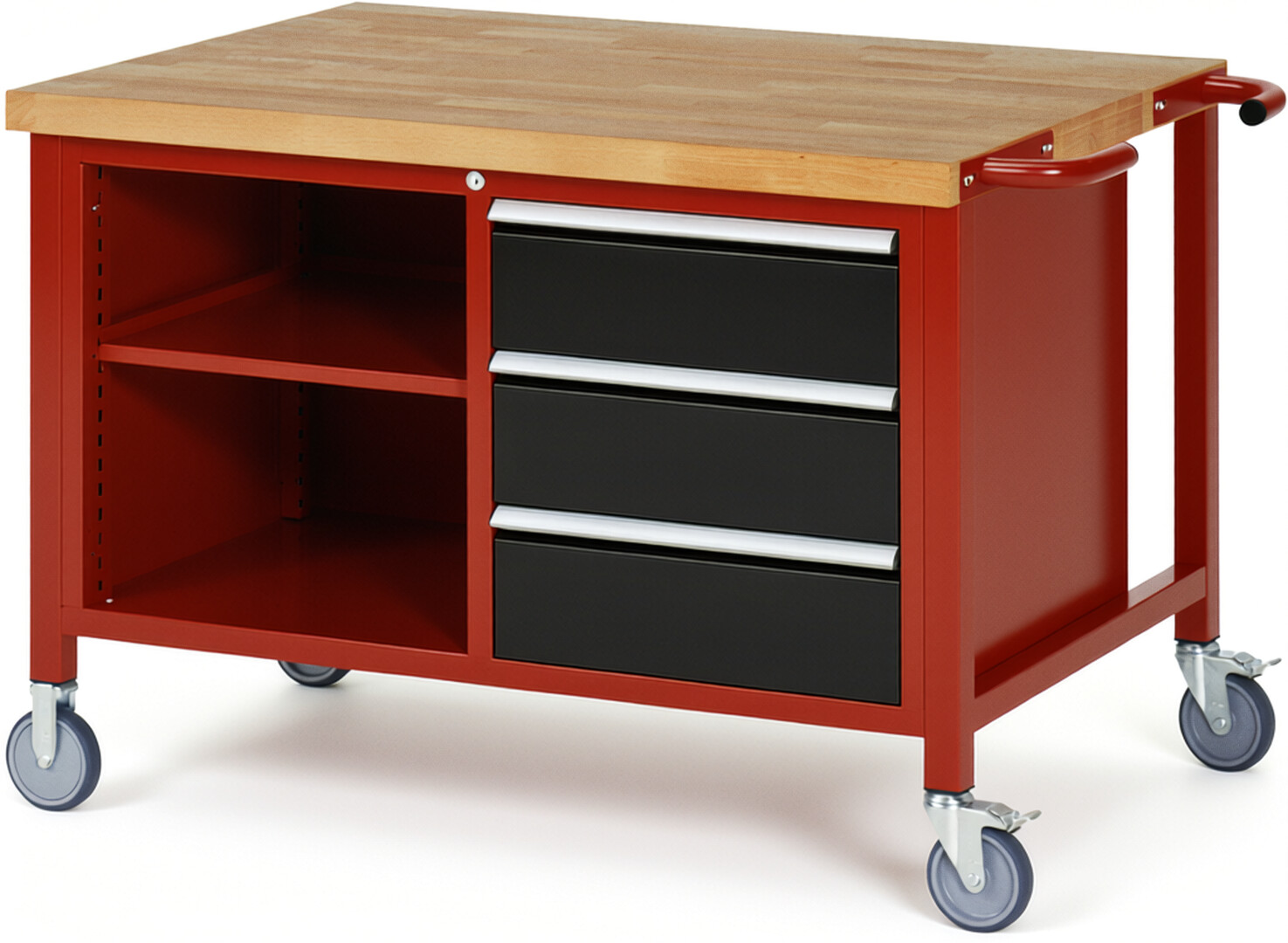 Fahrbare Werkbank Modell 8462 rot - schwarz, BxTxH 1250x900x880-1080 mm,  Buche-Massiv Arbeitsplatte 40 mm,  3 Schubladen mit  Auszug 90 %