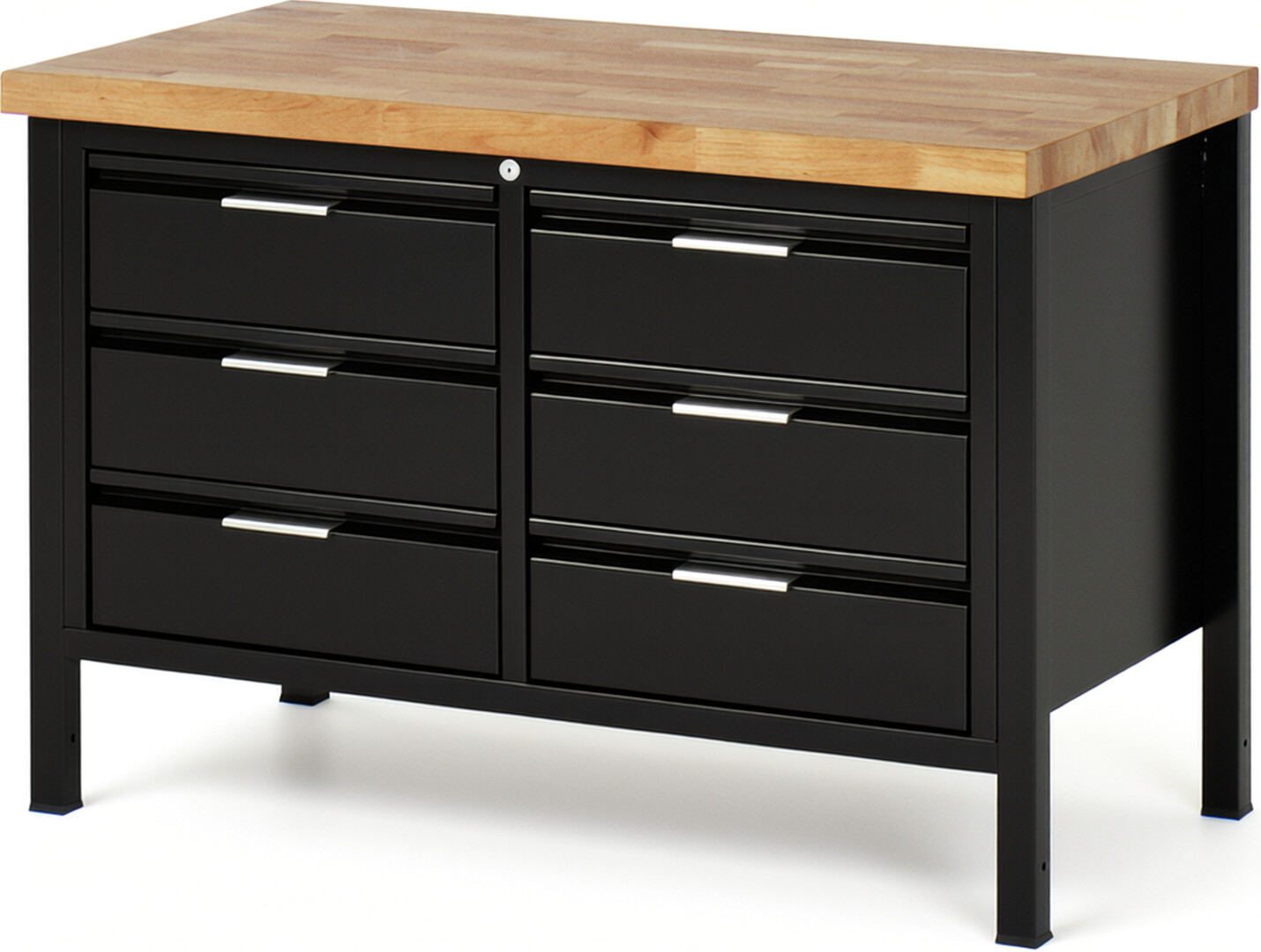 Werkbank schwarz, BxTxH 1250x700x840 mm, Platte Buche 40 mm, 6 Schubladen 180 mm, RAL 9011/9011