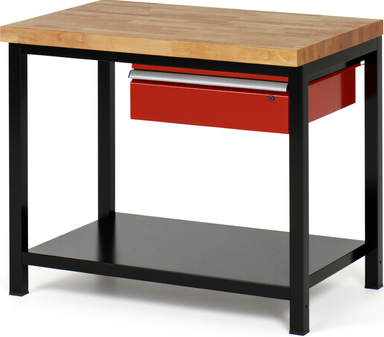 Werkbank Modell 8001 schwarz-rot, BxTxH 1000x700x840-1040 mm,  Buche-Massiv Arbeitsplatte 40 mm,  1 Schublade mit  Auszug 90 %