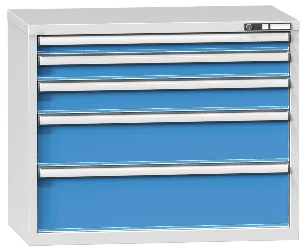 Schubladenschrank, 5 Schubladen: 1x75, 1x100, 1x125, 1x200, 1x250 mm, BxTxH 1037x600x840 mm, RAL 7035/5012
