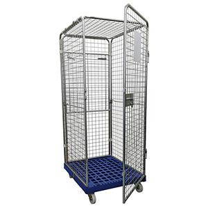 Rollbox mit Drahtgitterwänden, 5-seitig (1 Tür), 1 Boden, Nutzhöhe 1585 mm, BxTxH 810x720x1800 mm, Bodenplatte aus HDPE, RAL 5010 enzianblau