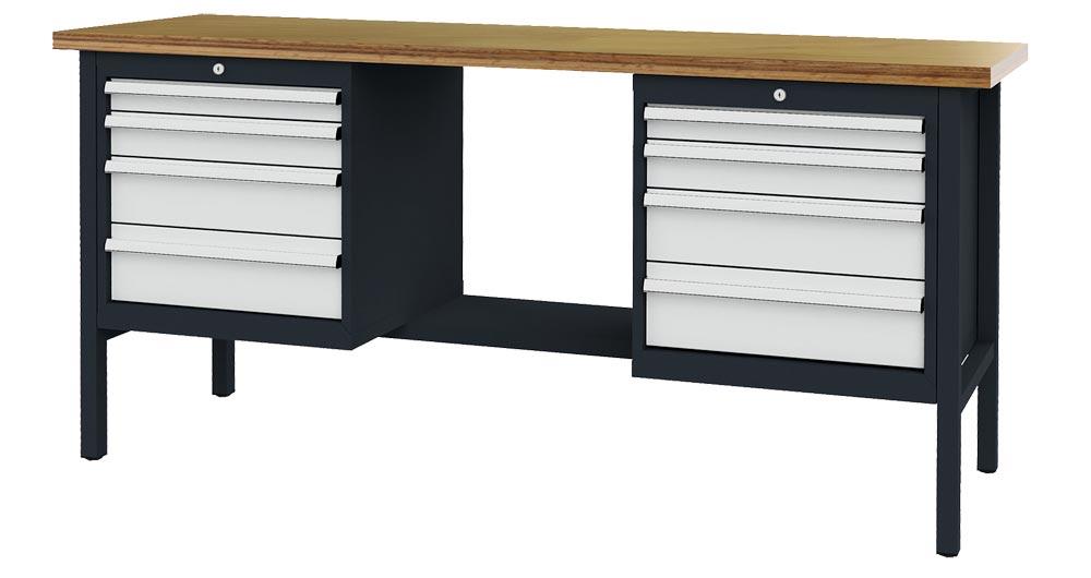Kastenwerkbank., Platte Multiplex 40 mm, Schubladen 2x75, 2x100, 2x150, 2x175 mm, 1 Fachboden, BxTxH 2000x600x960 mm, RAL 7016/7035