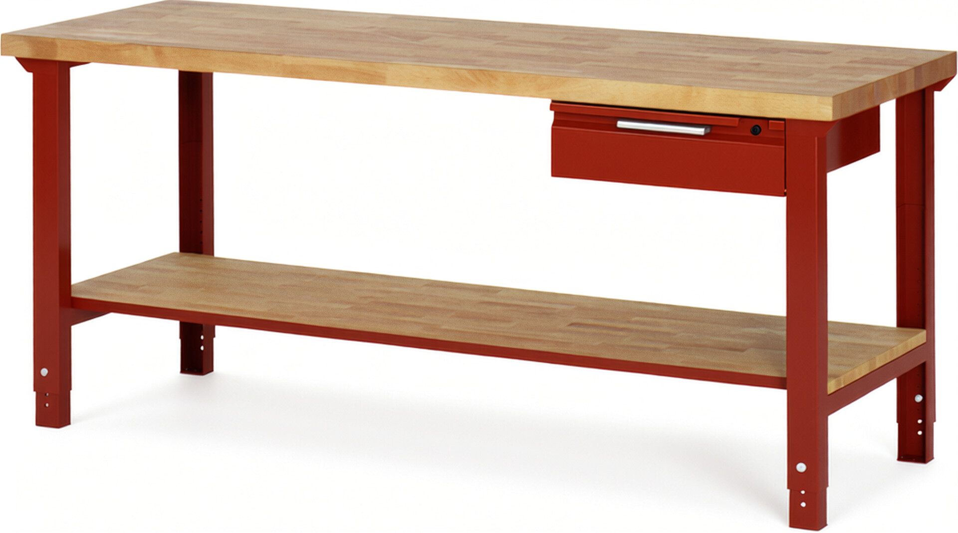Werkbank - Modell 7001 BASIC rot, BxTxH 2000x700x790-1140 mm,  Buche-Massiv Arbeitsplatte 40 mm,  1 Schublade mit  Auszug 90 %