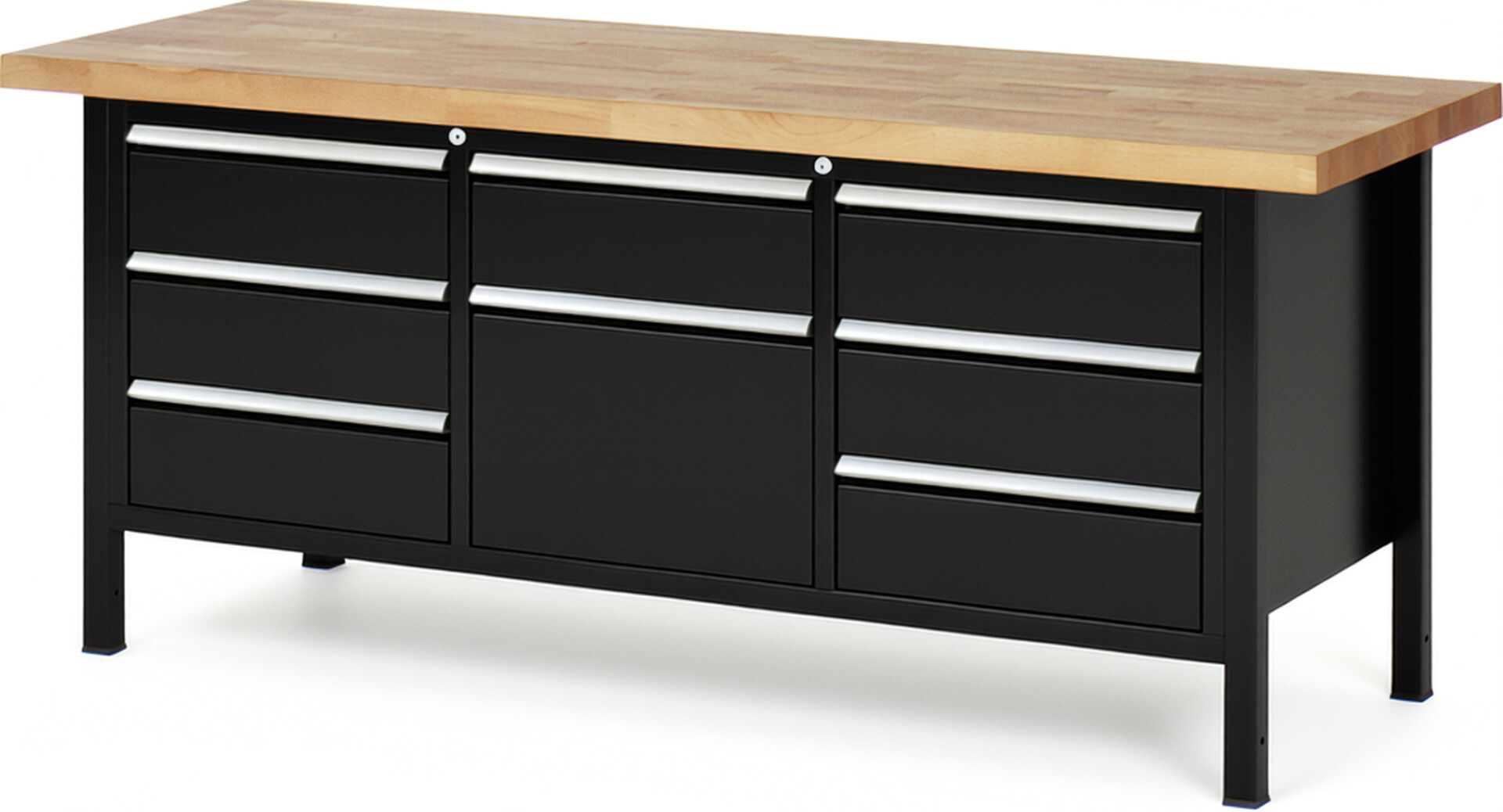 Werkbank Modell 8571 schwarz, BxTxH 2000x700x840-1040 mm,  Buche-Massiv Arbeitsplatte 40 mm,  8 Schubladen mit  Auszug 90 %