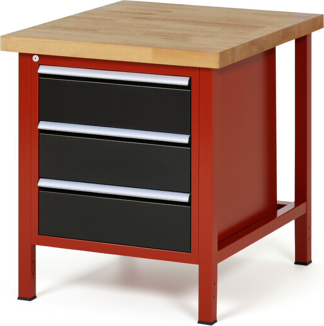 Werkbank Modell 8157 rot - schwarz, BxTxH 750x900x840-1040 mm,  Buche-Massiv Arbeitsplatte 40 mm,  3 Schubladen mit  Vollauszug 100 % und  SoftClosing