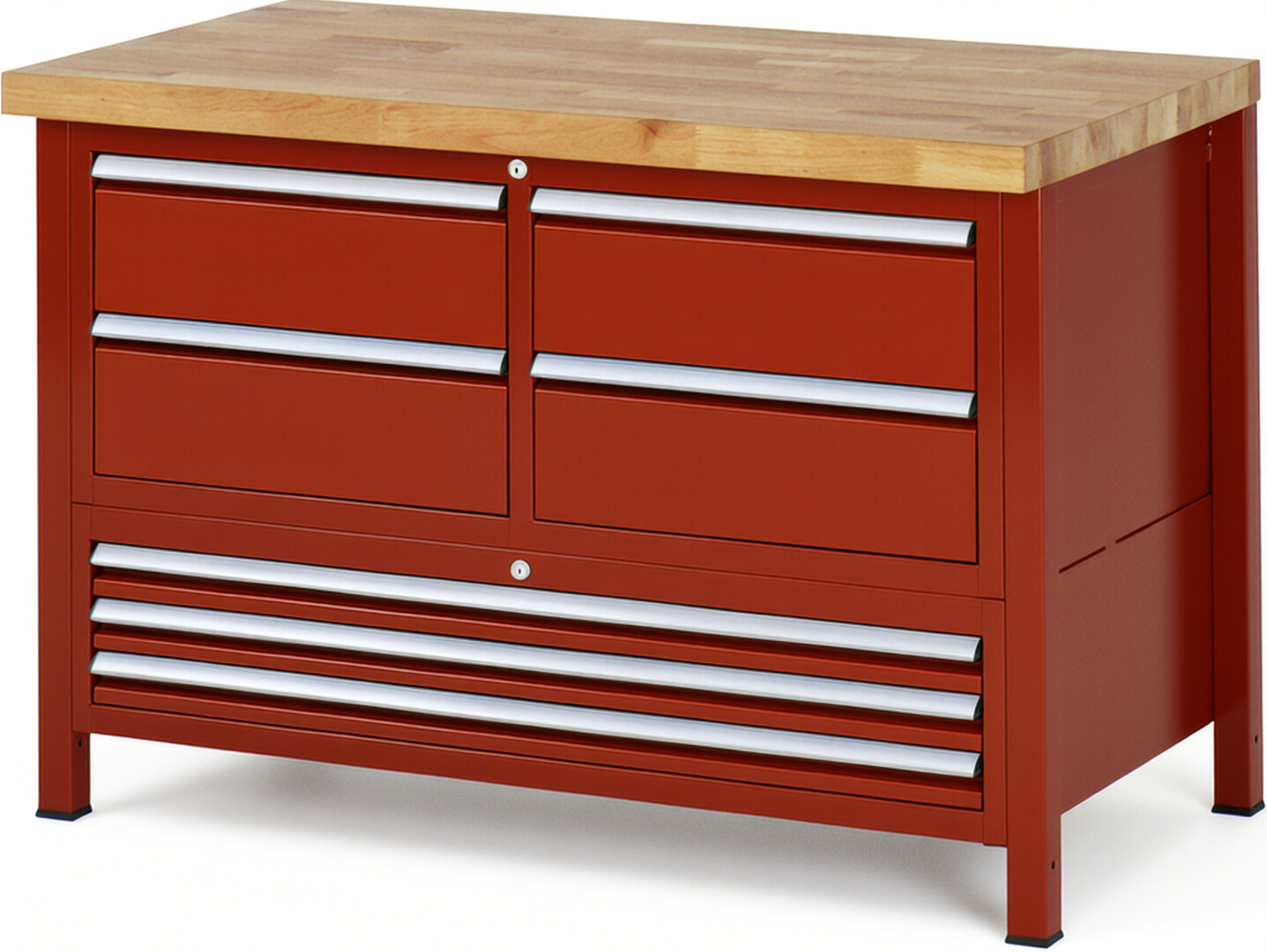 Werkbank Modell 8934 rot, BxTxH 1250x700x840 mm,  Buche-Massiv Arbeitsplatte 40 mm,  7 Schubladen mit  Auszug 90 %