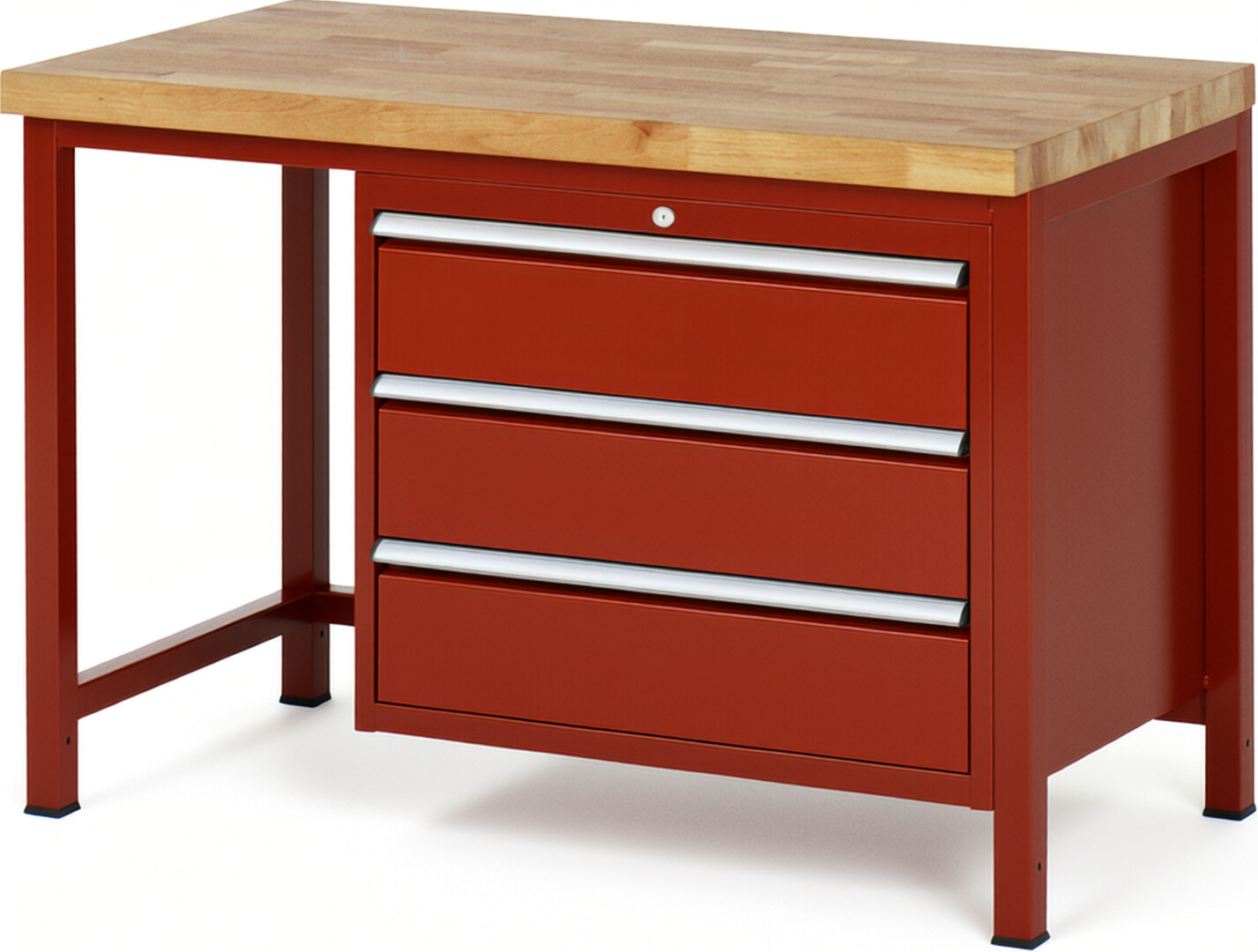 Werkbank Modell 8257 rot, BxTxH 1250x700x840-1040 mm,  Buche-Massiv Arbeitsplatte 40 mm,  3 Schubladen mit  Vollauszug 100 % und  SoftClosing