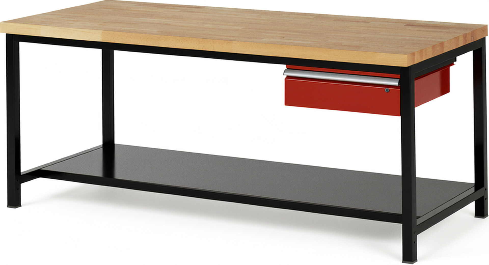 RAU Werkbank schwarz - rot - Breite 200 cm - Tiefe 90 cm - Höhe 104 cm - Buche-Massiv Arbeitsplatte 40 mm