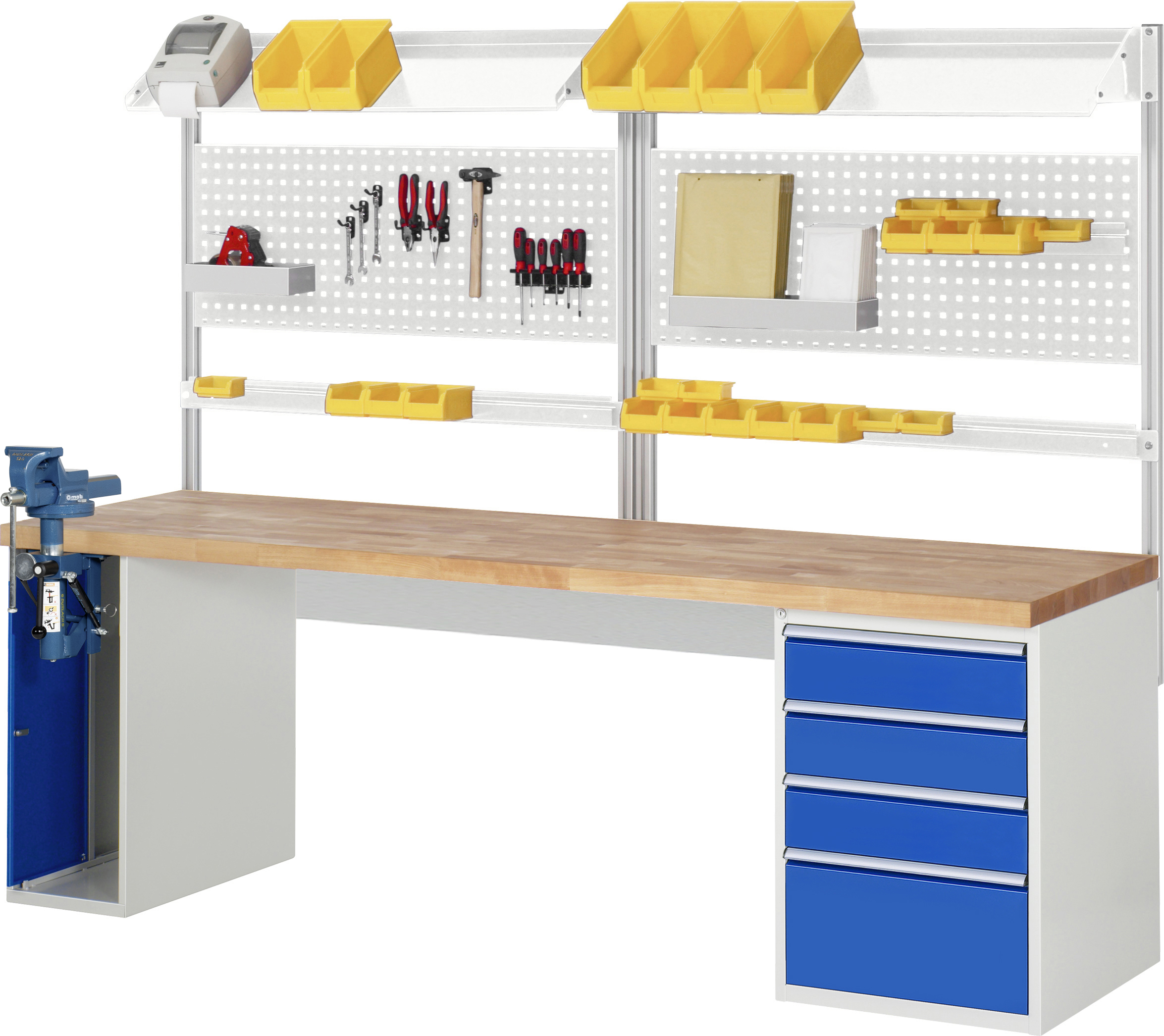 Werkbank Modell 7610 rot - schwarz, BxTxH 2500x900x840 mm,  Buche-Massiv Arbeitsplatte 40 mm,  4 Schubladen mit  Vollauszug 100 % und  SoftClosing
