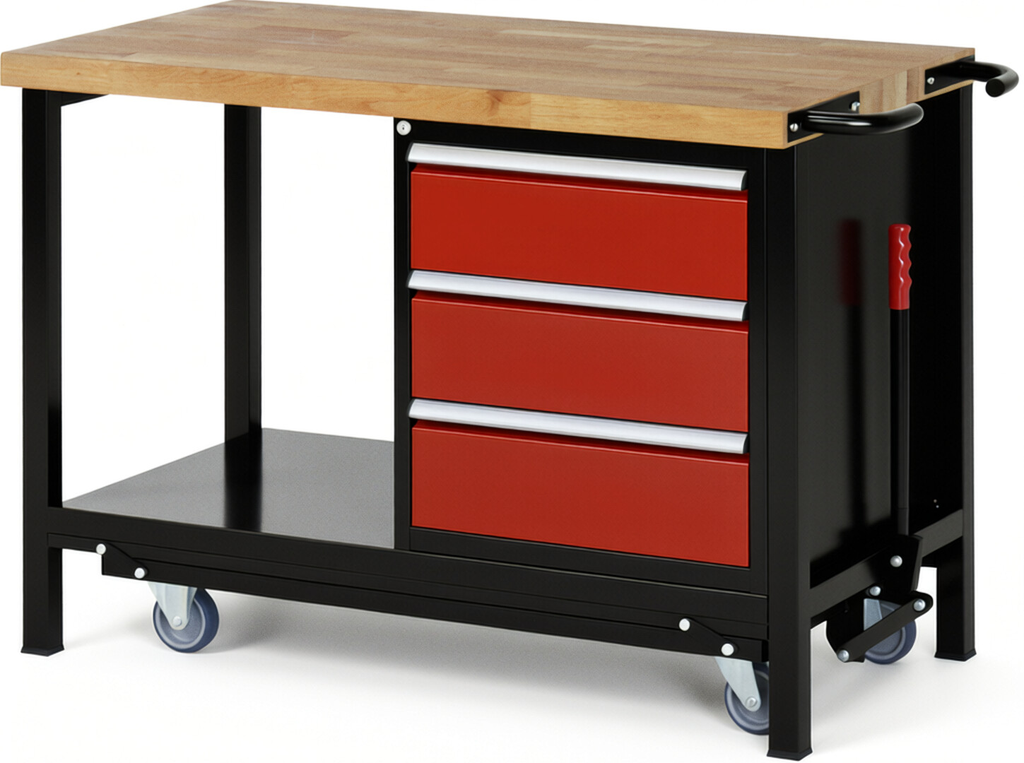 RAU Werkbank schwarz - rot - Breite 125 cm - Tiefe 70 cm - Höhe 88 cm - Buche-Massiv Arbeitsplatte 40 mm