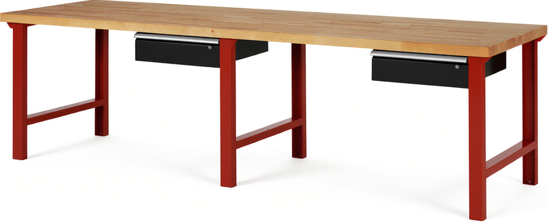 Werkbank Modell 7001 rot - schwarz, BxTxH 3000x900x840 mm,  Buche-Massiv Arbeitsplatte 40 mm,  2 Schubladen mit  Auszug 90 %