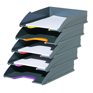 Briefablageschalen, grau/anthrazit mit verschiedenfarbigen Greifzonen, stapelbar, VE 5 Stück