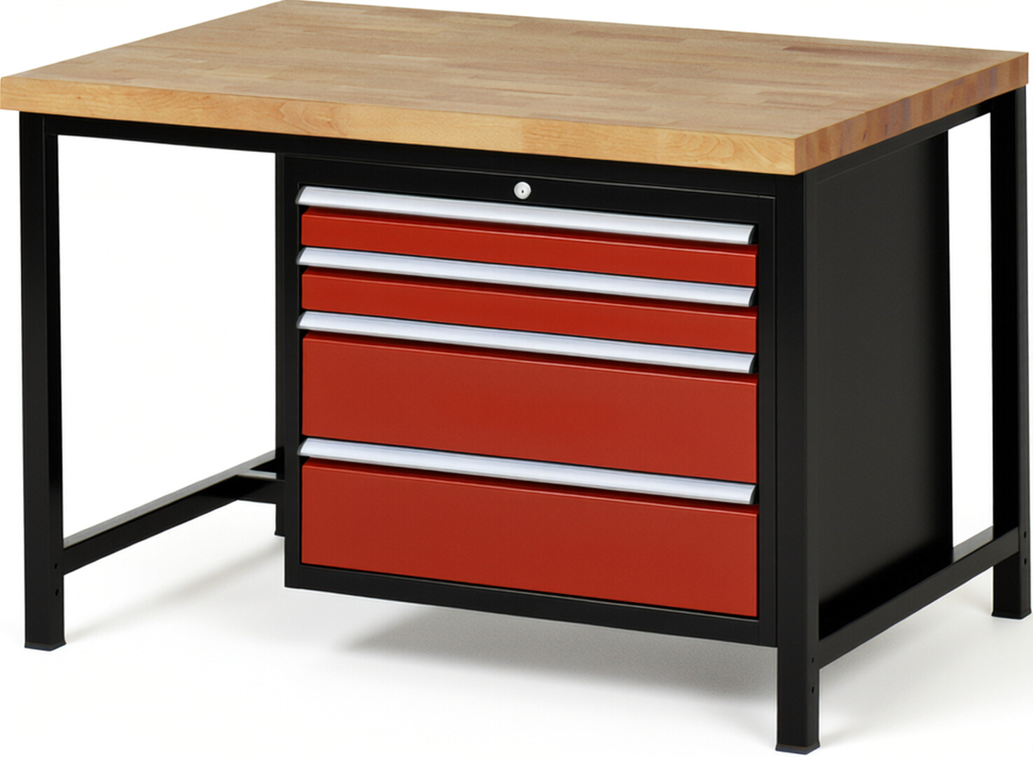 RAU Werkbank schwarz - rot - Breite 125 cm - Tiefe 90 cm - Höhe 104 cm - Buche-Massiv Arbeitsplatte 40 mm