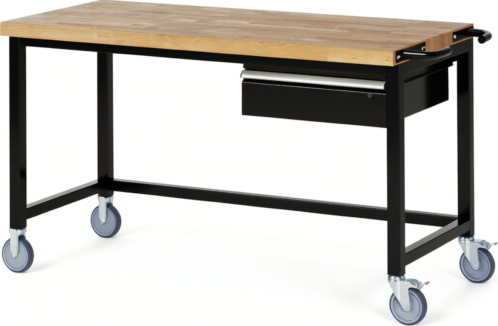 Fahrbare Werkbank Modell 8001 schwarz, BxTxH 1500x700x880-1080 mm,  Buche-Massiv Arbeitsplatte 40 mm,  1 Schublade mit  Auszug 90 %
