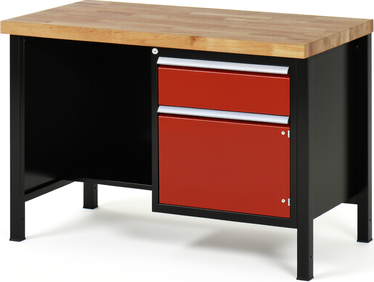 RAU Werkbank schwarz - rot - Breite 125 cm - Tiefe 70 cm - Höhe 84 cm - Buche-Massiv Arbeitsplatte 40 mm