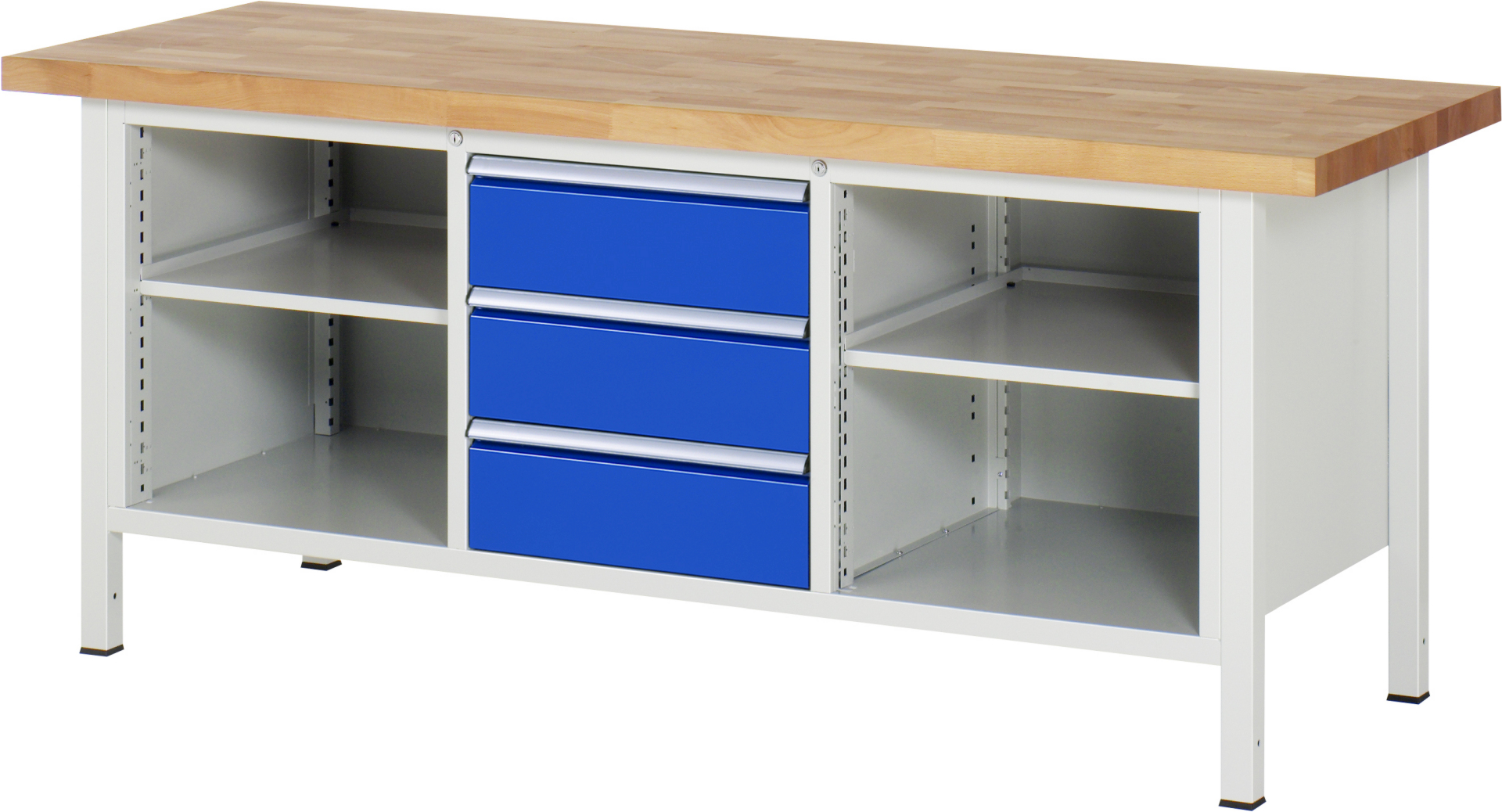 Werkbank Modell 8565 rot, BxTxH 2000x700x840-1040 mm,  Buche-Massiv Arbeitsplatte 40 mm,  3 Schubladen mit  Vollauszug 100 % und  SoftClosing